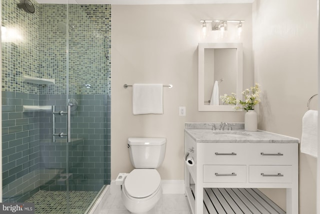 full bath with vanity, a shower stall, toilet, and tile patterned floors