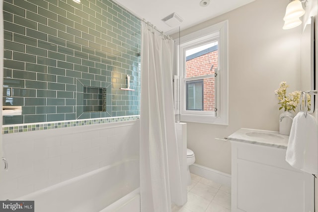 full bath with visible vents, baseboards, toilet, tile patterned floors, and vanity