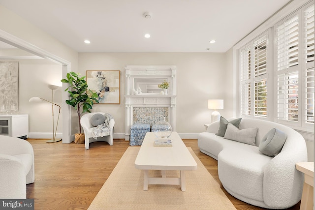 living area with recessed lighting, baseboards, and wood finished floors