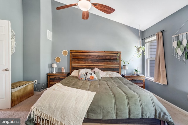 7721 Sullivan Cir, Alexandria, VA 22315 - bedroom with high vaulted ceiling, carpet floors, a ceiling fan, and baseboards