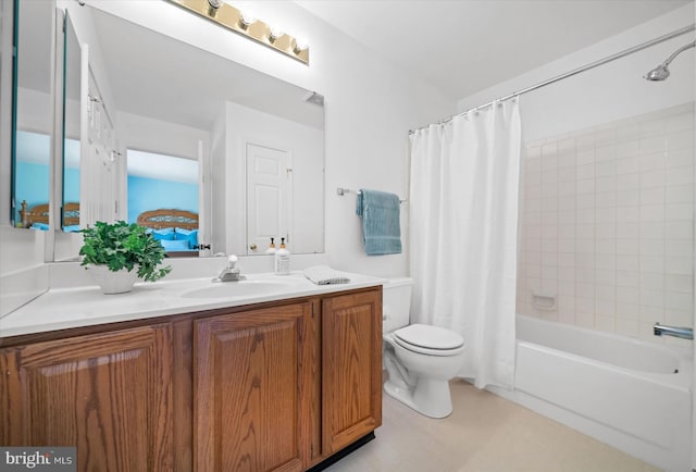 full bath featuring vanity, toilet, and shower / bathtub combination with curtain