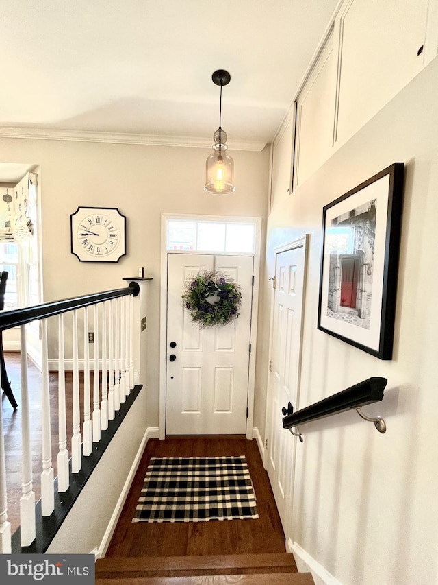 foyer entrance featuring dark wood-type flooring, baseboards, and ornamental molding