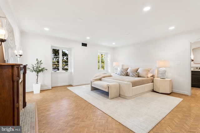 bedroom featuring recessed lighting and baseboards