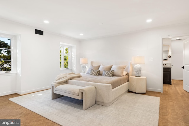 bedroom with recessed lighting, visible vents, baseboards, and crown molding