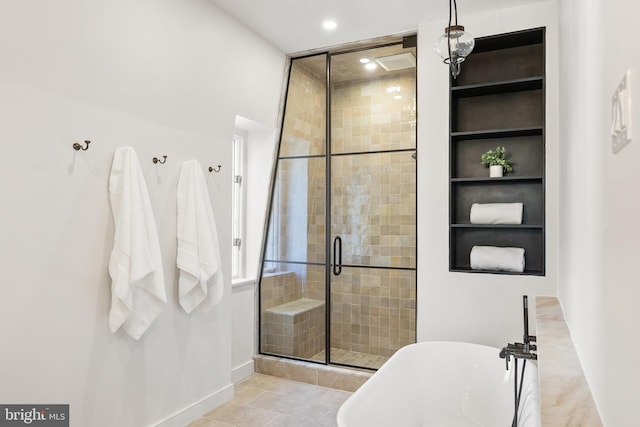 full bathroom with tile patterned floors, a stall shower, recessed lighting, baseboards, and a freestanding bath