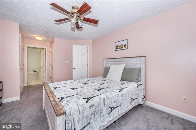 bedroom featuring a textured ceiling, a ceiling fan, baseboards, and carpet floors