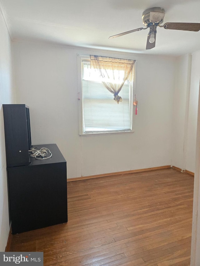 empty room with a ceiling fan and wood finished floors