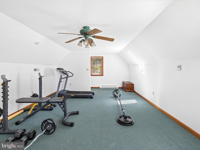 2446 Saint Lukes Rd, Salisbury, MD 21804 - exercise room featuring a baseboard radiator, baseboards, a ceiling fan, lofted ceiling, and carpet