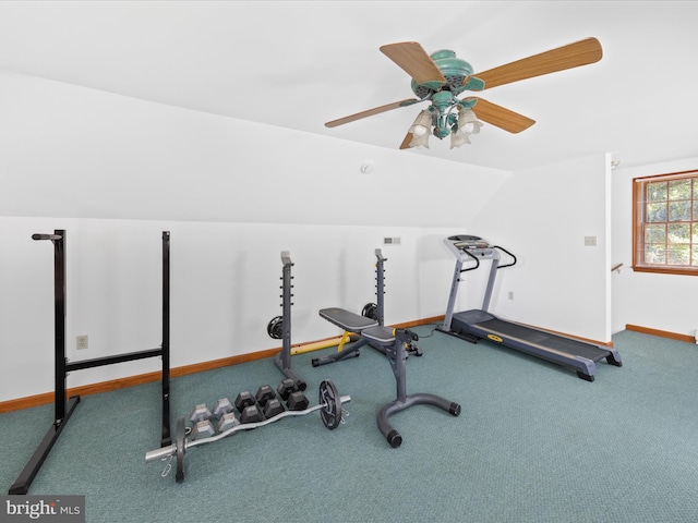 2446 Saint Lukes Rd, Salisbury, MD 21804 - workout room featuring baseboards, carpet floors, a ceiling fan, and lofted ceiling