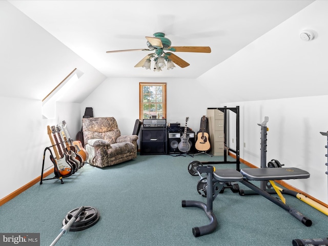 2446 Saint Lukes Rd, Salisbury, MD 21804 - workout room with a ceiling fan, lofted ceiling, carpet flooring, and baseboards