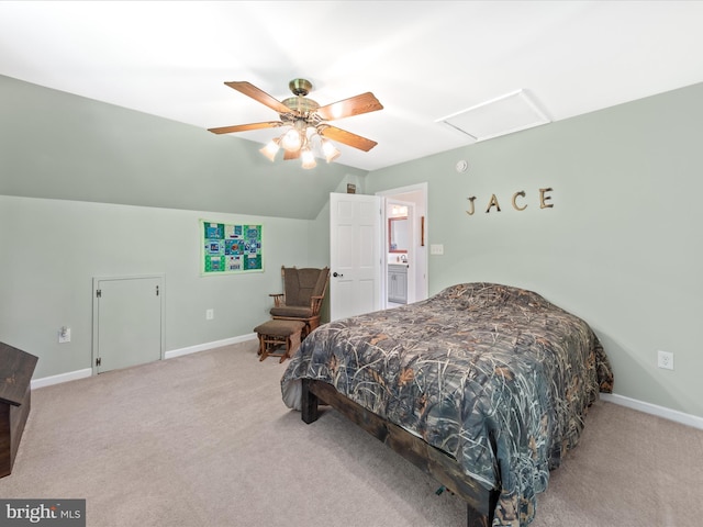 2446 Saint Lukes Rd, Salisbury, MD 21804 - carpeted bedroom with attic access, vaulted ceiling, baseboards, and ceiling fan