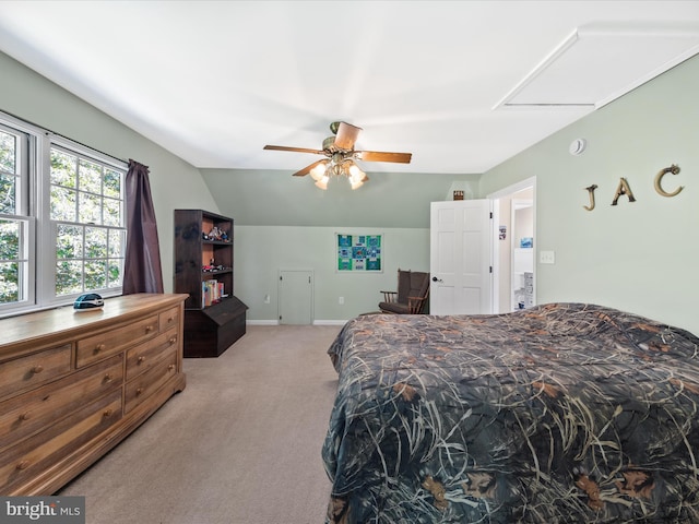 2446 Saint Lukes Rd, Salisbury, MD 21804 - bedroom with light carpet, baseboards, a ceiling fan, and lofted ceiling