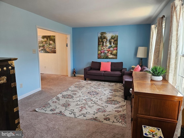 carpeted living area with a wealth of natural light and baseboards