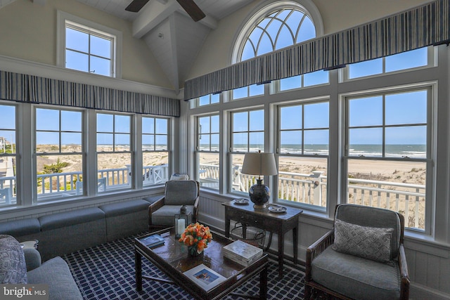 1 103rd St, Stone Harbor, NJ 08247 - interior space featuring a water view, high vaulted ceiling, a ceiling fan, and a beach view