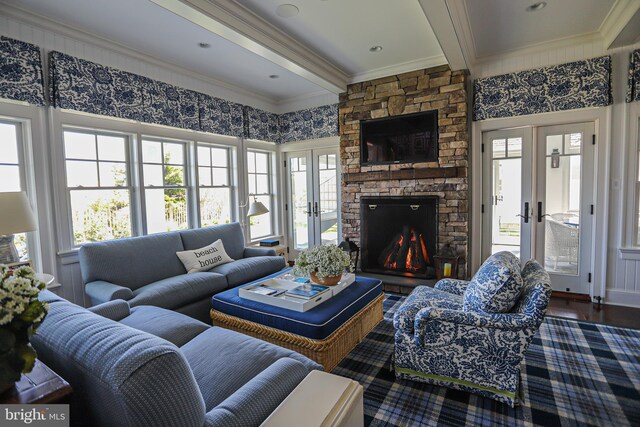 1 103rd St, Stone Harbor, NJ 08247 - living room featuring beamed ceiling, plenty of natural light, and french doors