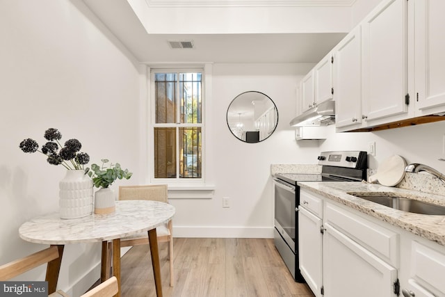 kitchen featuring stainless steel electric range oven, visible vents, a sink, white cabinets, and under cabinet range hood