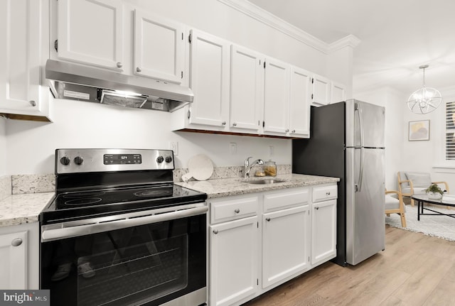 kitchen featuring white cabinetry, appliances with stainless steel finishes, under cabinet range hood, and ornamental molding