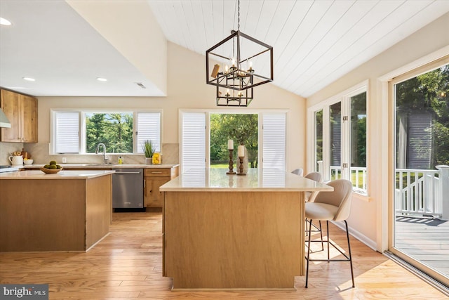 kitchen featuring backsplash, a center island, light countertops, vaulted ceiling, and stainless steel dishwasher