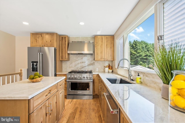 kitchen featuring backsplash, extractor fan, light wood-type flooring, high end appliances, and a sink