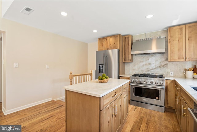 kitchen with visible vents, light wood-style flooring, premium appliances, backsplash, and wall chimney range hood