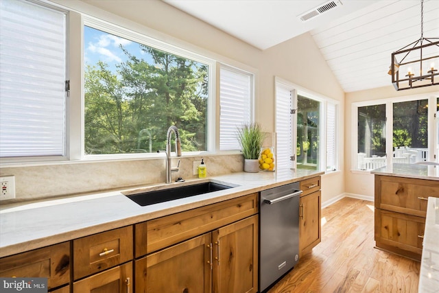 kitchen featuring visible vents, brown cabinets, a sink, and stainless steel dishwasher