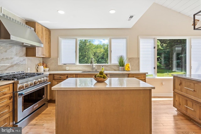 kitchen featuring extractor fan, vaulted ceiling, appliances with stainless steel finishes, plenty of natural light, and a sink