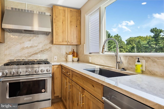 kitchen featuring wall chimney exhaust hood, plenty of natural light, appliances with stainless steel finishes, and a sink