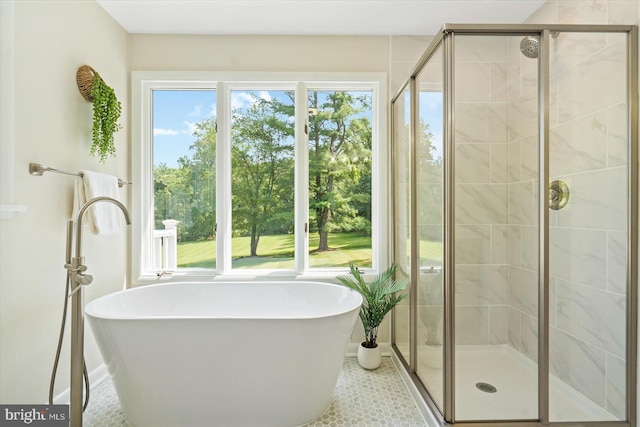 full bathroom with a shower stall, a wealth of natural light, and a freestanding bath