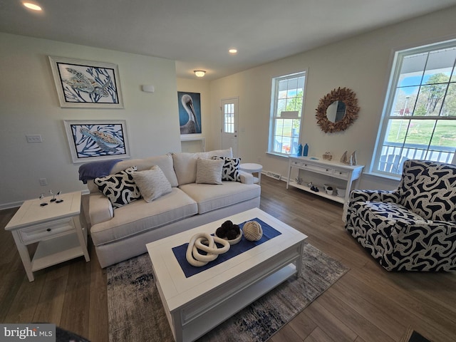 32912 Tern Cv, Long Neck, DE 19966 - living room featuring recessed lighting, visible vents, and dark wood finished floors