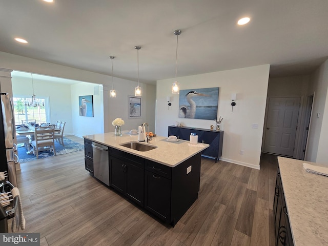 32912 Tern Cv, Long Neck, DE 19966 - kitchen with dark cabinets, recessed lighting, dishwasher, a sink, and dark wood-style floors