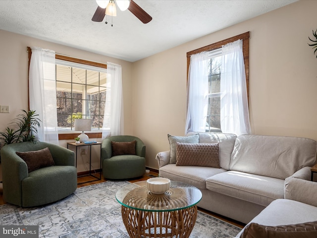 living room featuring a textured ceiling, a ceiling fan, and wood finished floors