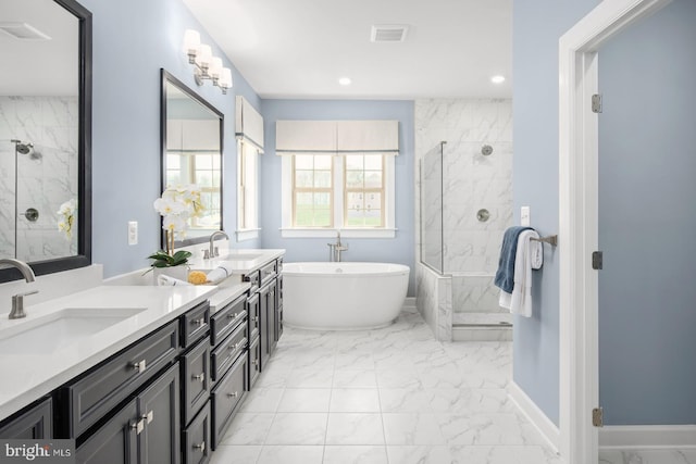 full bathroom with a sink, visible vents, a marble finish shower, and marble finish floor