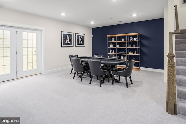 carpeted dining space with visible vents, stairway, recessed lighting, and baseboards