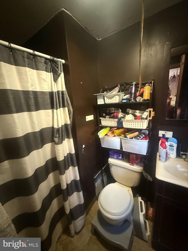 bathroom featuring vanity, a shower with shower curtain, and toilet