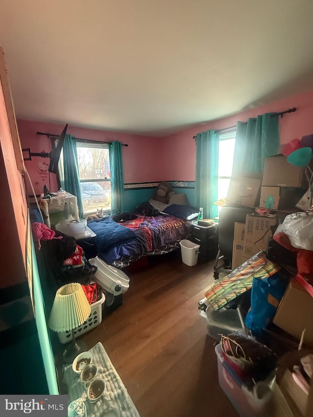 bedroom featuring multiple windows and wood finished floors