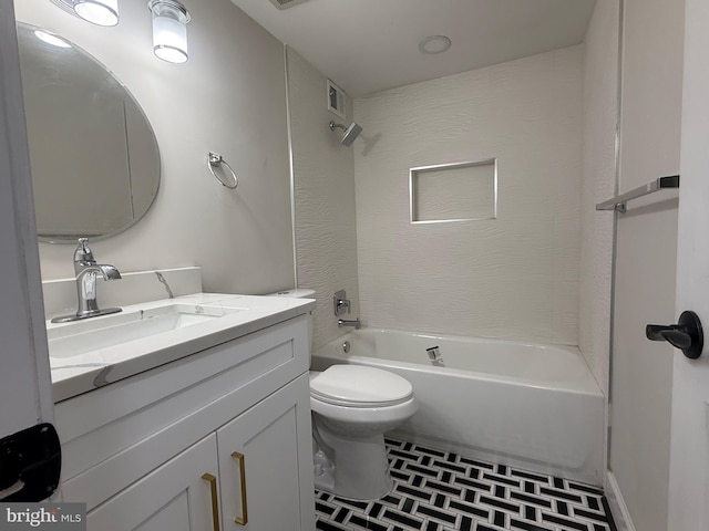 full bath featuring washtub / shower combination, toilet, visible vents, and vanity