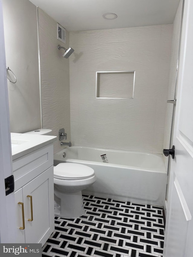 bathroom with tile patterned flooring, visible vents, toilet, shower / bathing tub combination, and vanity