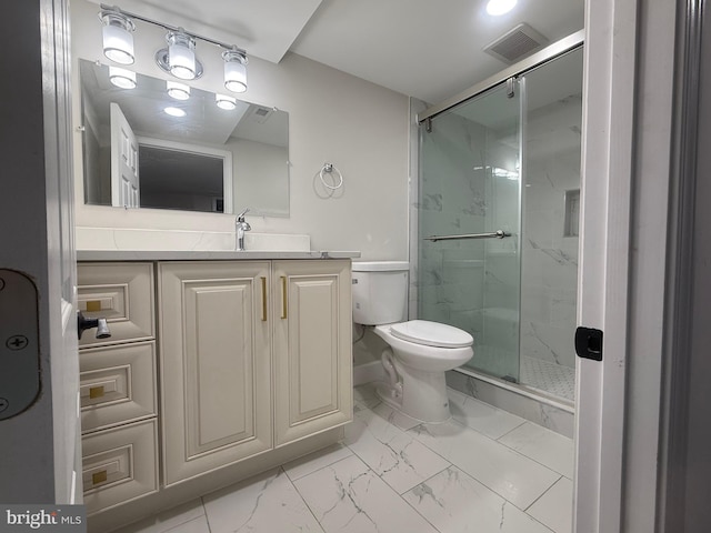 full bathroom featuring a marble finish shower, visible vents, toilet, marble finish floor, and vanity