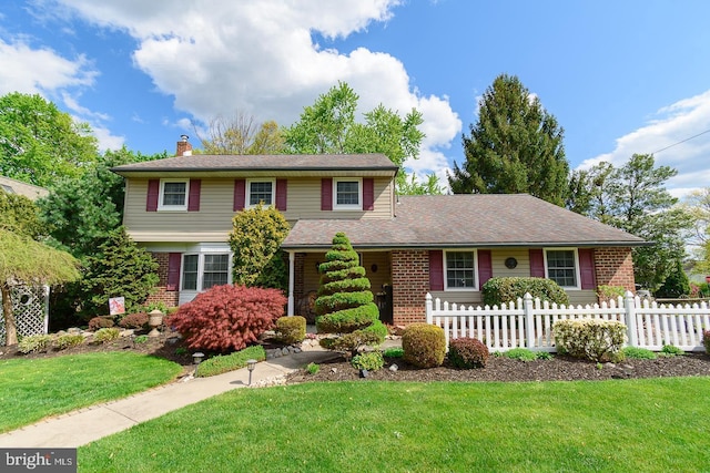 traditional-style home with a front yard, brick siding, a chimney, and fence