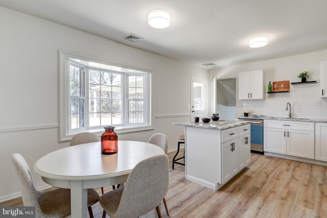 kitchen featuring visible vents, a center island, dishwasher, white cabinetry, and a sink