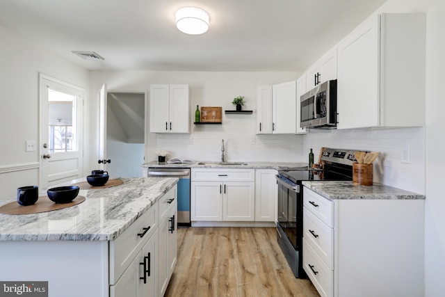 kitchen featuring visible vents, open shelves, a sink, white cabinets, and appliances with stainless steel finishes