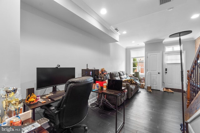 444 Grindall St, Baltimore, MD 21230 - office area featuring recessed lighting, ornamental molding, and wood finished floors