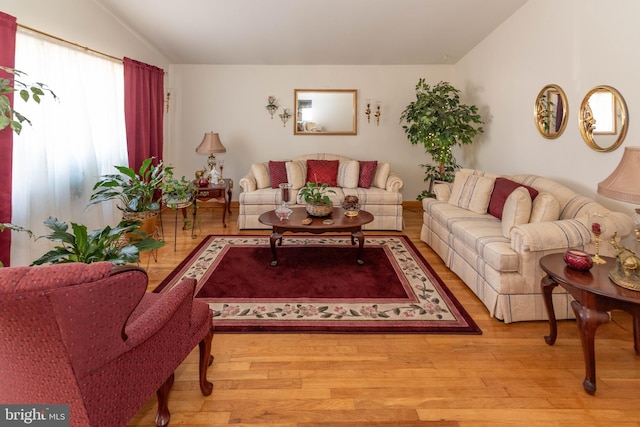 living room featuring vaulted ceiling and wood finished floors