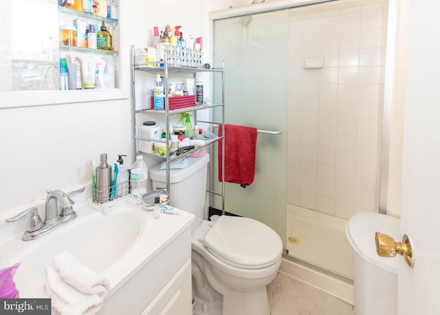 full bathroom with a stall shower, toilet, and vanity