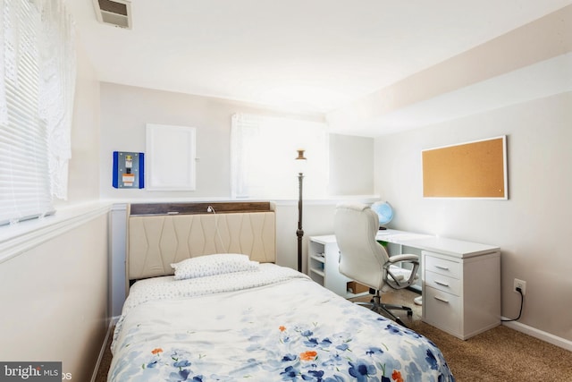 bedroom with visible vents, carpet floors, and baseboards