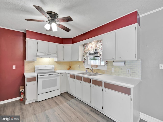 kitchen with white electric stove, light wood-style flooring, a sink, light countertops, and under cabinet range hood