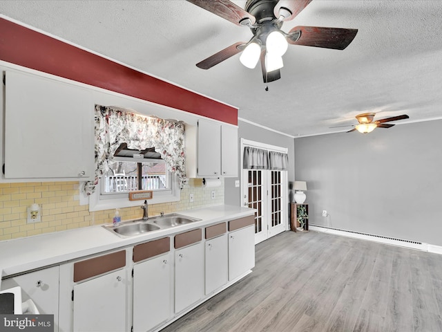 kitchen with light countertops, light wood-style flooring, a baseboard radiator, and a sink