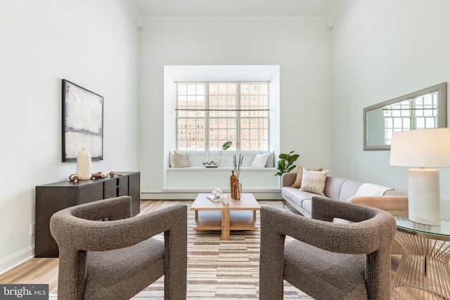 living room featuring baseboards, wood finished floors, and crown molding