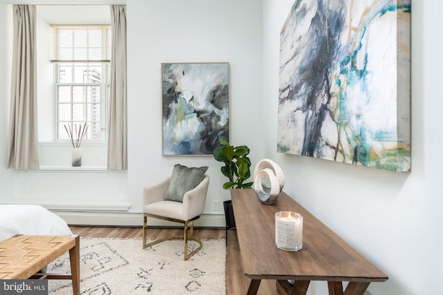 living area featuring a wealth of natural light, a baseboard radiator, and wood finished floors