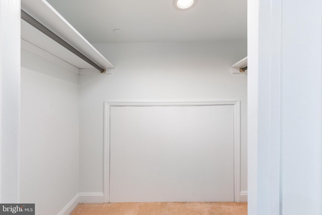 walk in closet featuring light carpet